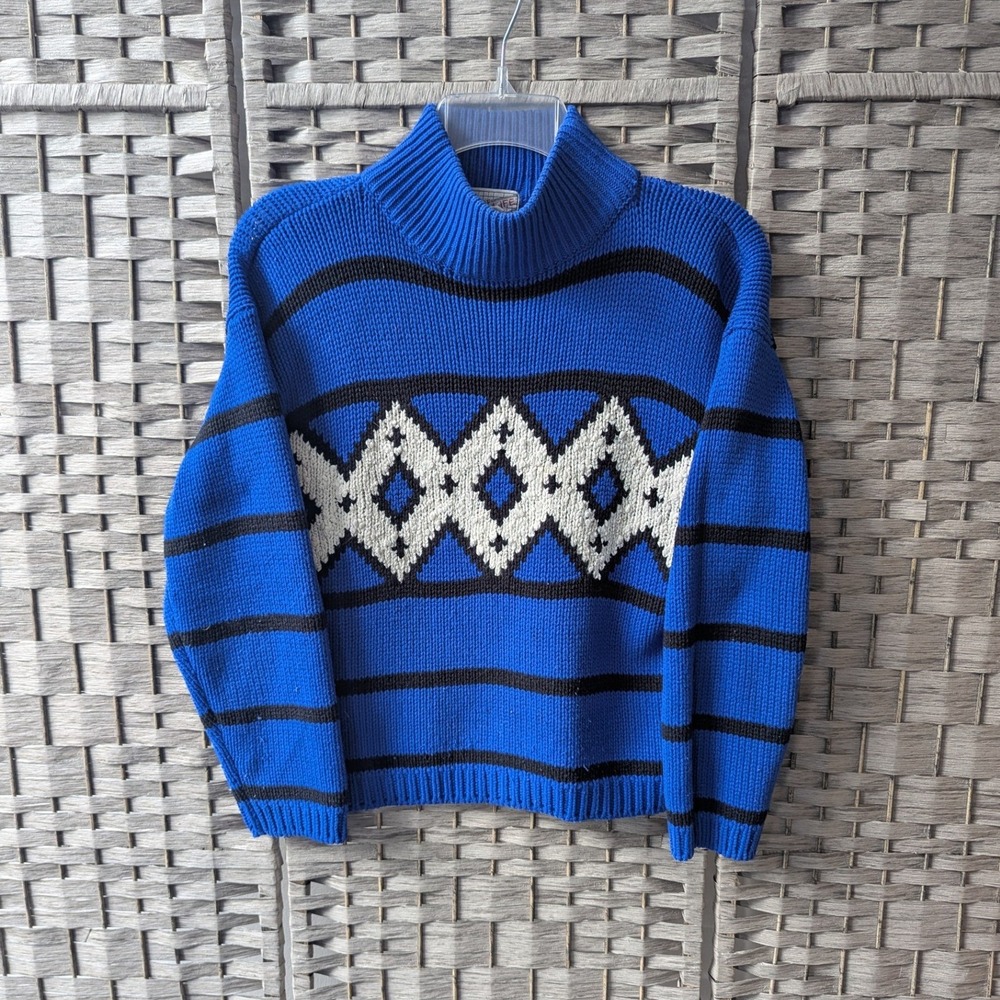 Vtg 80s Sweater Royal Blue Black Stripe White Geometric Knit Mock Neck Sz M
